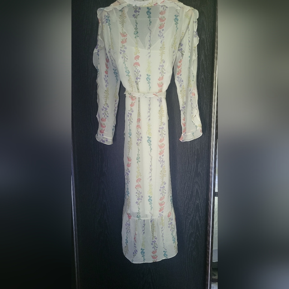 BCBGMaxAzria Cream Sheer Tiered Sundress with Bishop Sleeves - Picture 4 of 13